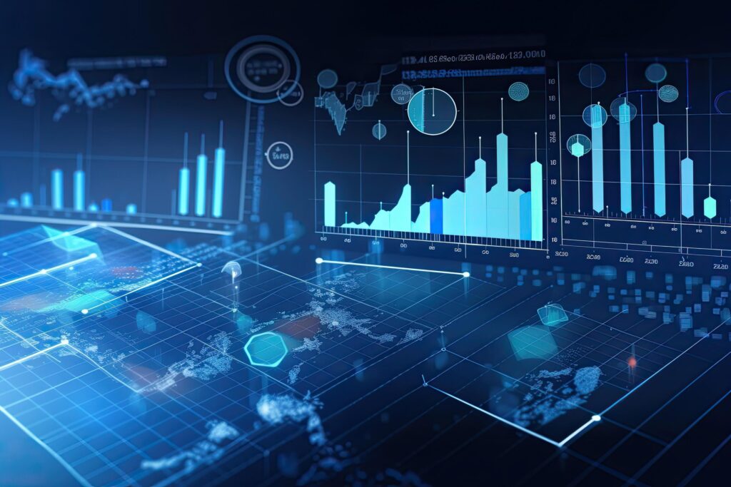 digital business image with graphs and diagrams over blue background 3d rendering business data analysis and analytics of customers ai generated free photo