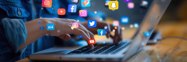 person types laptop with social media icons floating suggesting busy workspace managing social media accounts generative ai 262708 44484